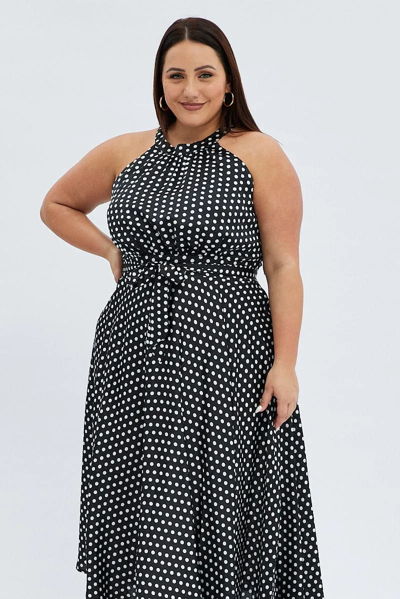 Villa Light Romantic dinner wear Black Polka Dot Midi Dress Sleeveless High Neck Satin