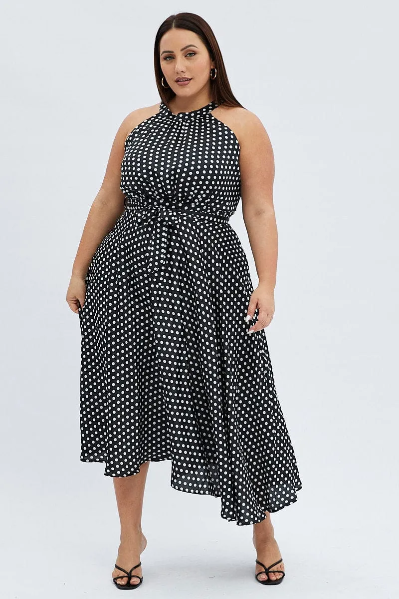 Black Polka Dot Midi Dress Sleeveless High Neck Satin Cinched-Waist