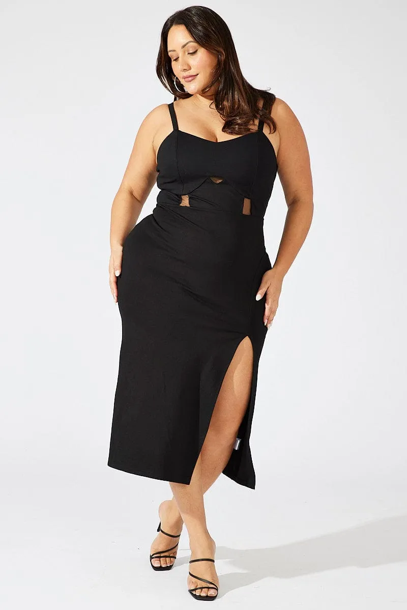 Black Ponte Midi Dress Sheer Panel Waist Basic essential