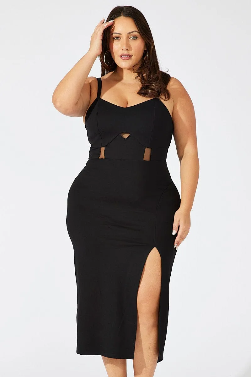 Chill Mode Black Ponte Midi Dress Sheer Panel Waist
