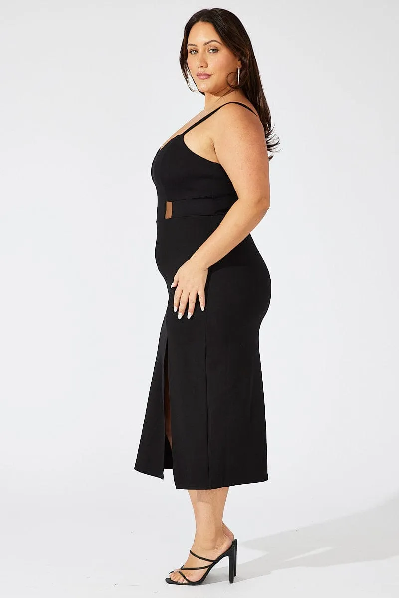 Black Ponte Midi Dress Sheer Panel Waist Easy Match