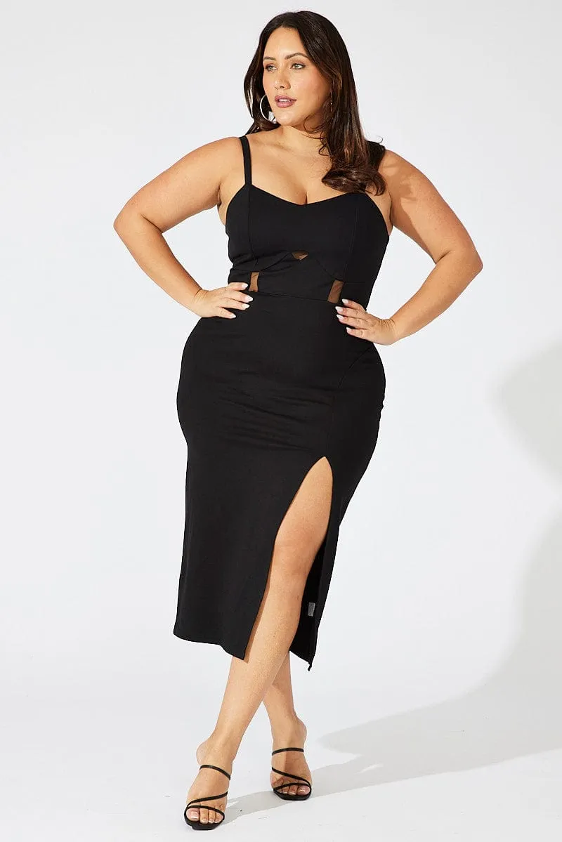 Black Ponte Midi Dress Sheer Panel Waist Lightweight Feel