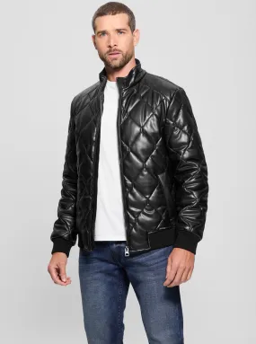 Black Quilted Leather Jacket Seamless Shoulder Design Minimal Detail