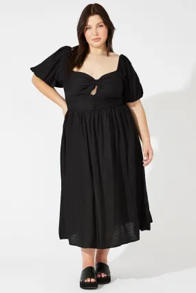Black Ruched Waist Detail Midi Dress Daily Comfort Soft Fabric