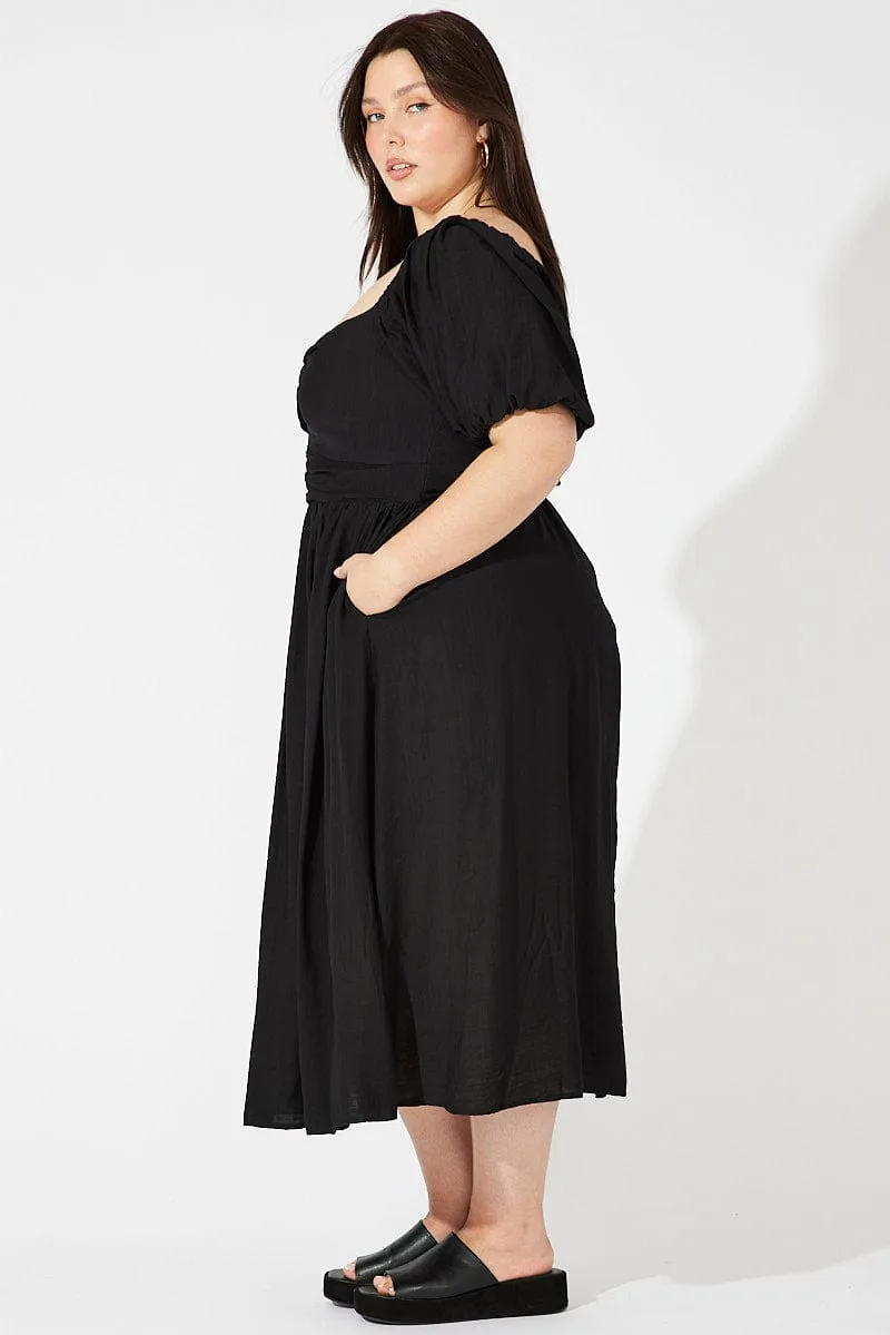 Polished Motion Snag-Resistant Black Ruched Waist Detail Midi Dress