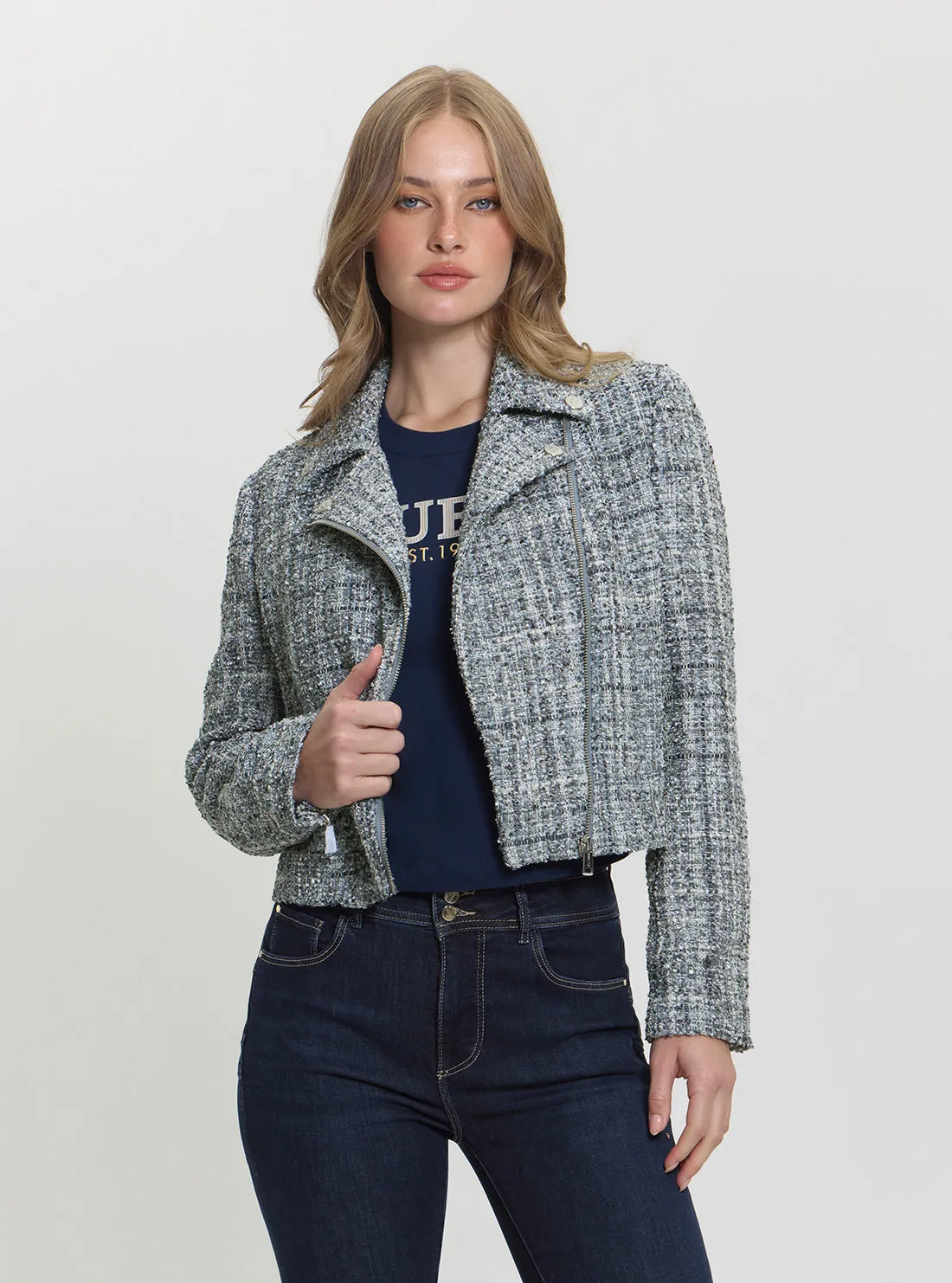 High Collar Black Sadie Tweed Moto Jacket