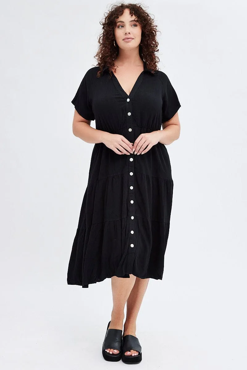 Soft cotton dress Black Shirtdress Midi Button Linen Blend Short Sleeve
