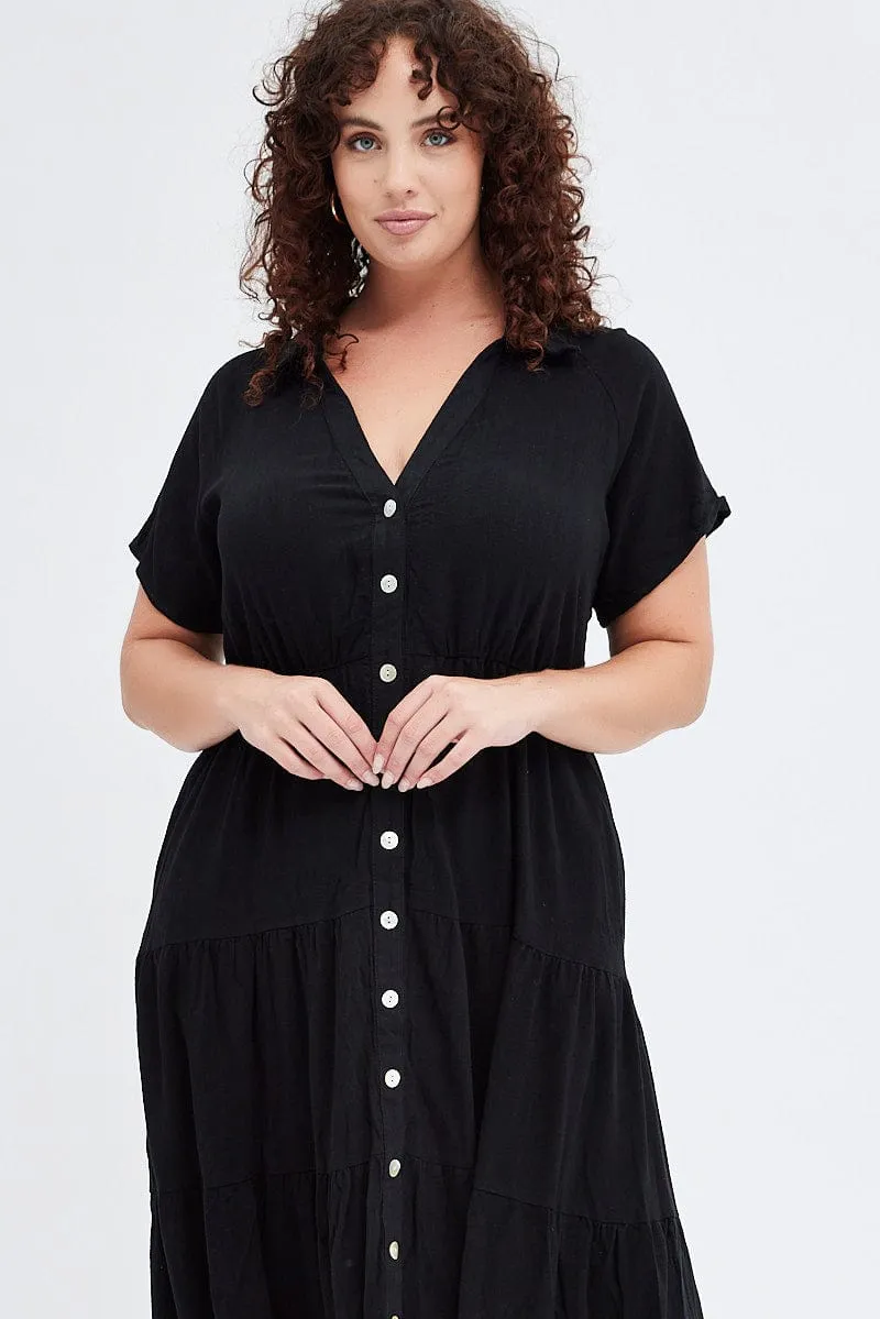 Comfortable texture Black Shirtdress Midi Button Linen Blend Short Sleeve