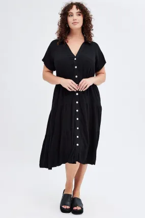 Soft cotton dress Black Shirtdress Midi Button Linen Blend Short Sleeve