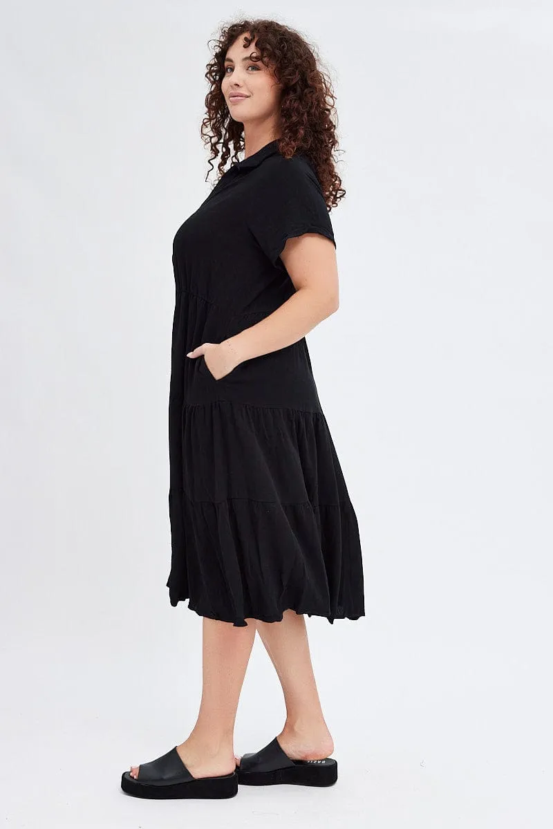 Black Shirtdress Midi Button Linen Blend Short Sleeve Elegant Piece