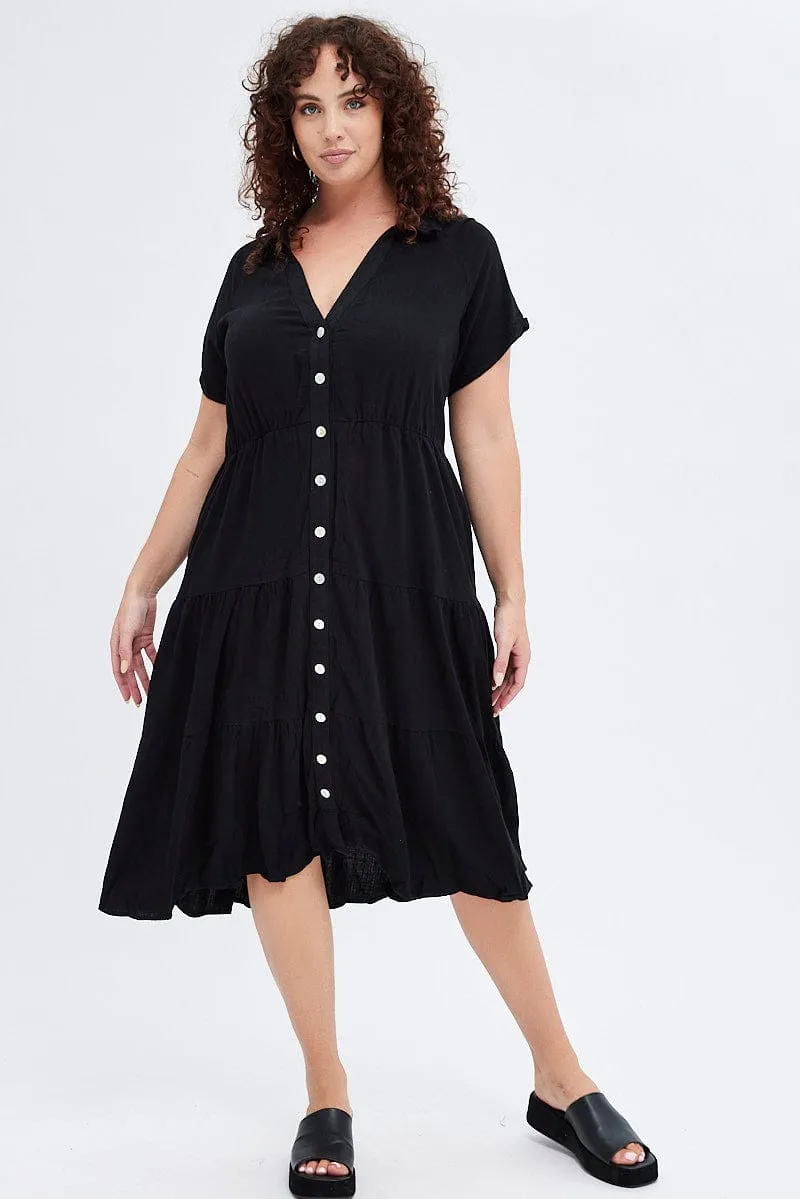 Summer Friendly Heart Glow Black Shirtdress Midi Button Linen Blend Short Sleeve
