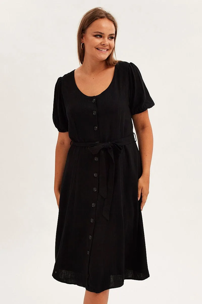 Event Safe Delicate Lines Black Short Sleeve Button Through Linen Blend Midi Dress