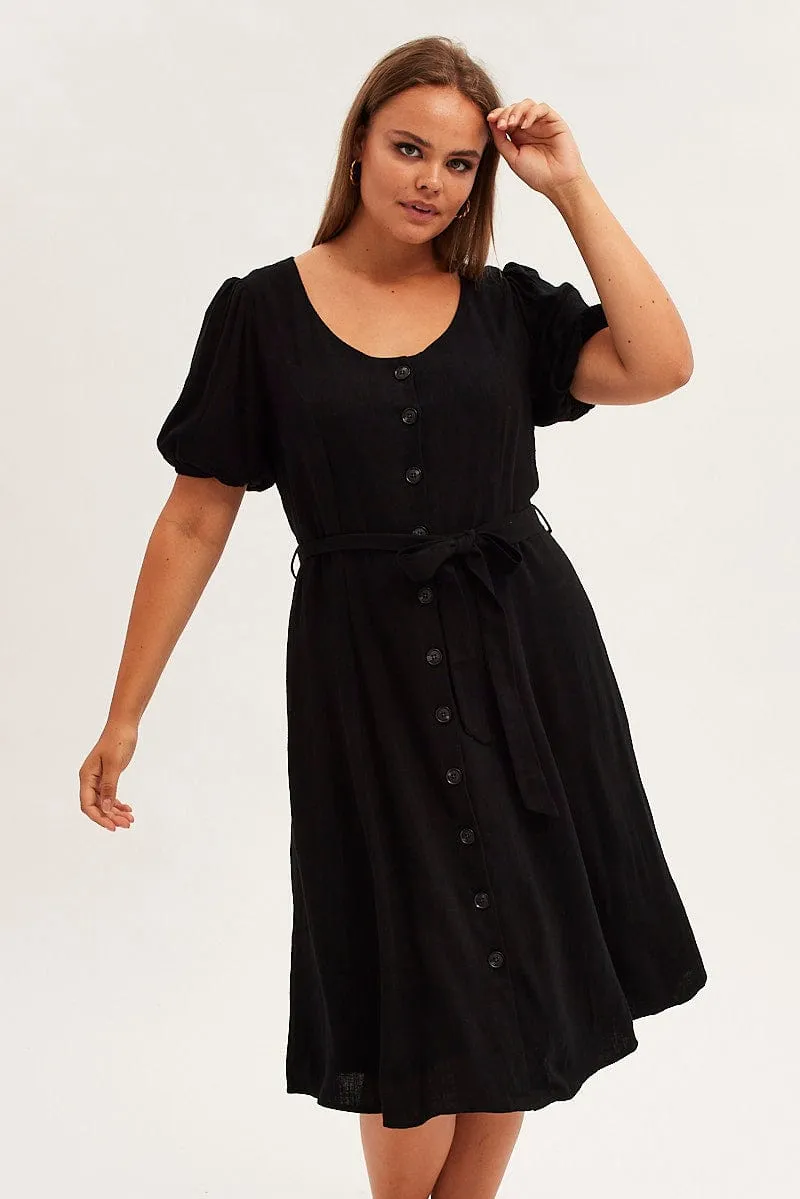 Black Short Sleeve Button Through Linen Blend Midi Dress Casual Silhouette