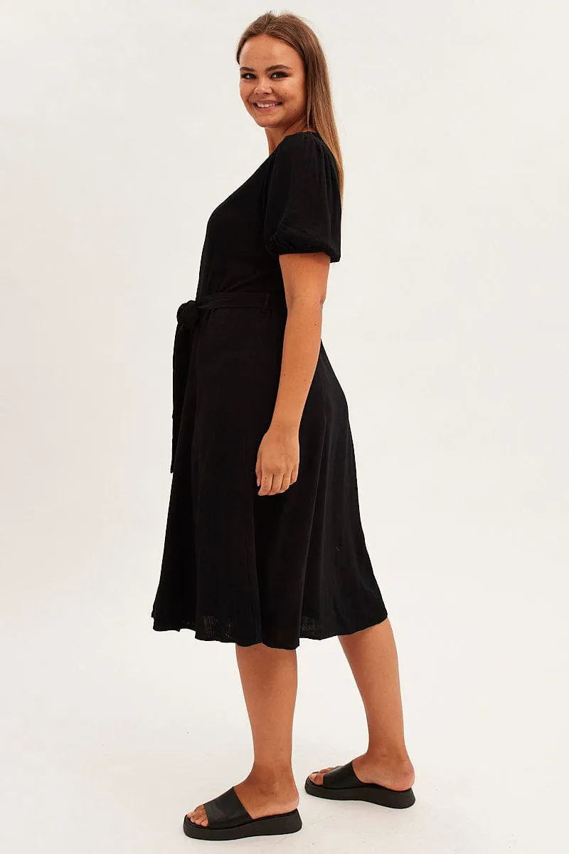 Black Short Sleeve Button Through Linen Blend Midi Dress Relax Appeal Comfortable Look