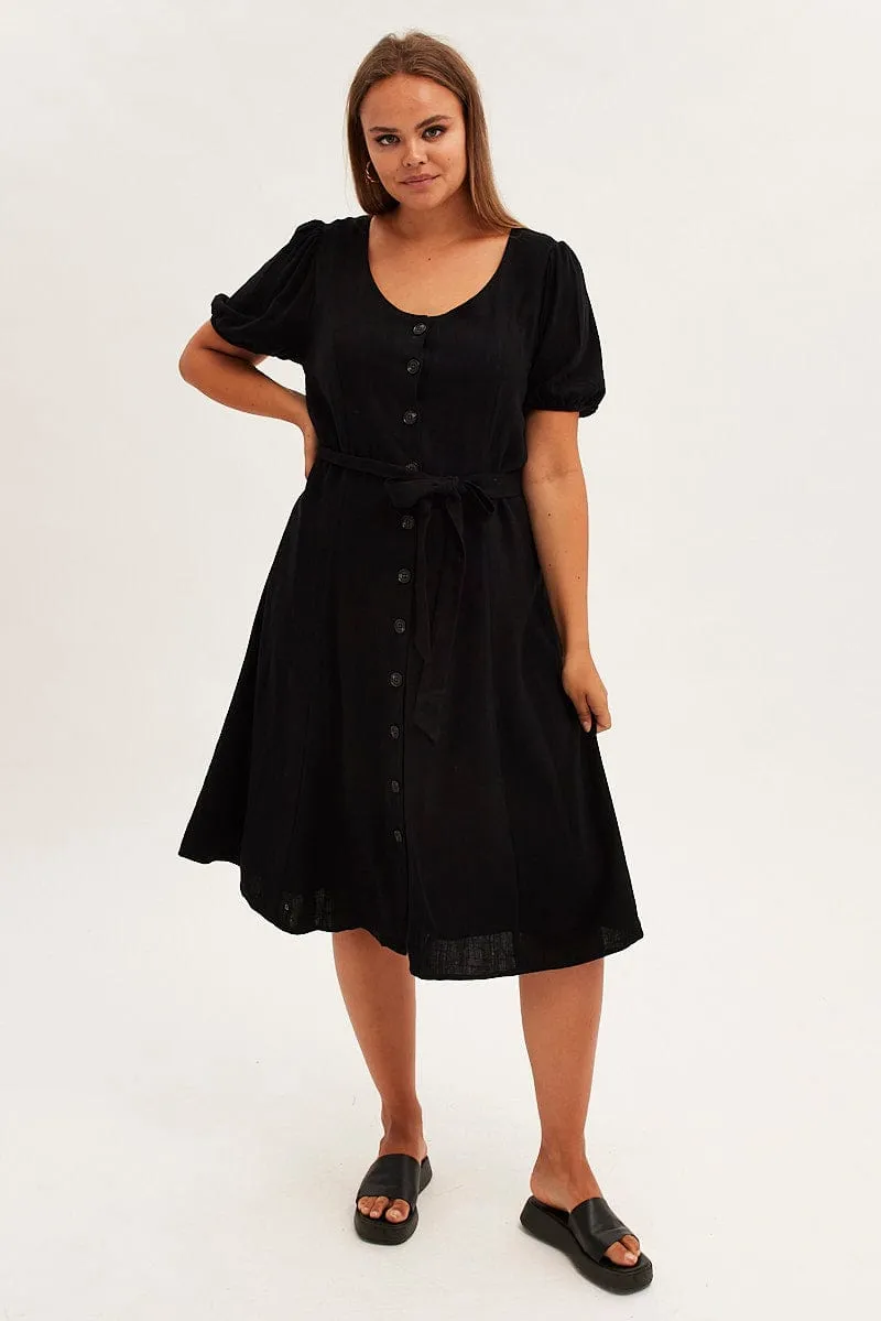 Black Short Sleeve Button Through Linen Blend Midi Dress Polished Edge