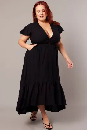 Black Tie Front Flare Sleeve Midi Dress Geometric-pattern