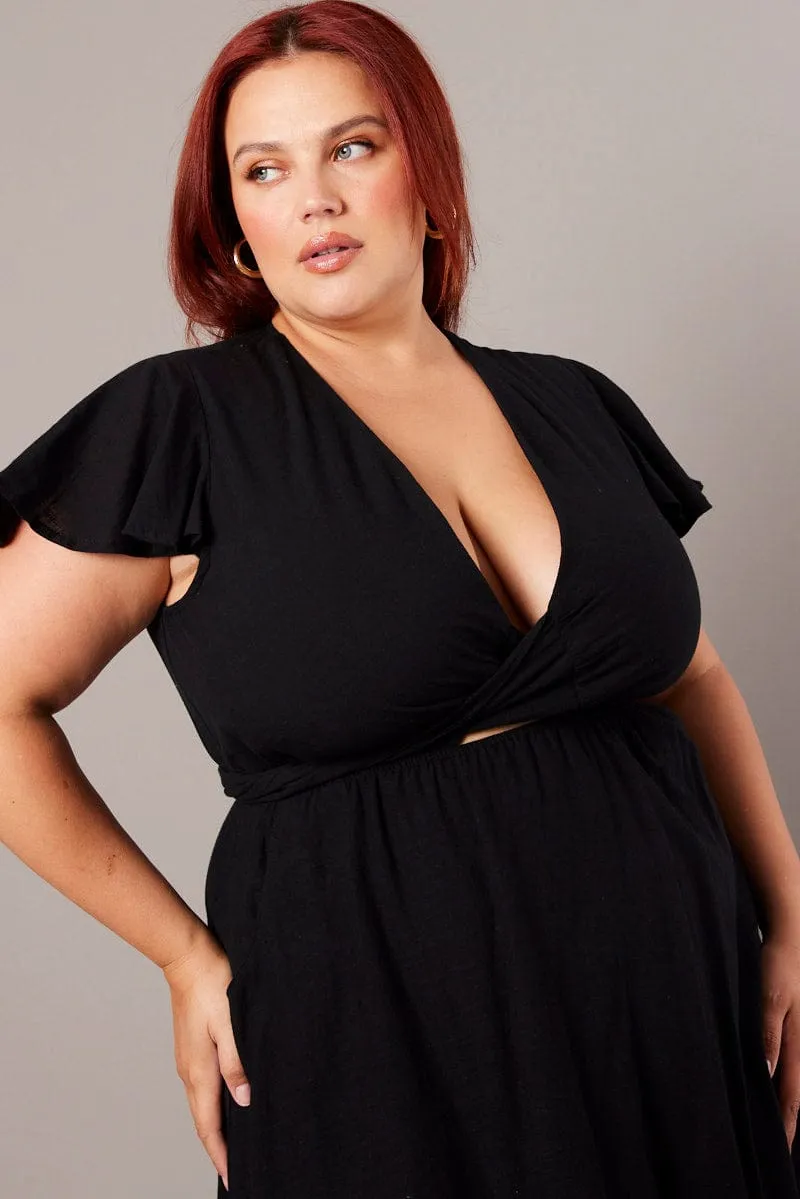 Black Tie Front Flare Sleeve Midi Dress Nordic Plain