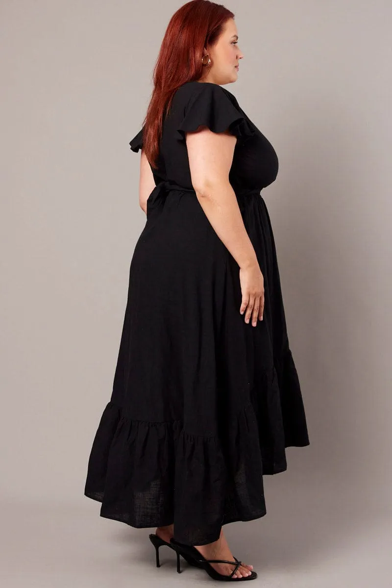 Effortless Layering Black Tie Front Flare Sleeve Midi Dress