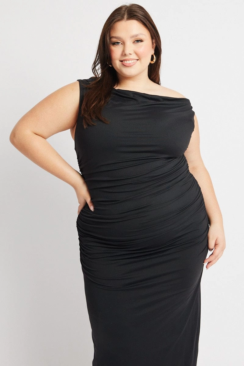 Black Asymmetric Supersoft Bodycon Maxidress Waist-Cinching Flawless Construction