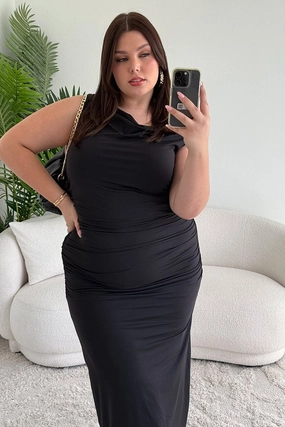 All Day Ready Black Asymmetric Supersoft Bodycon Maxidress