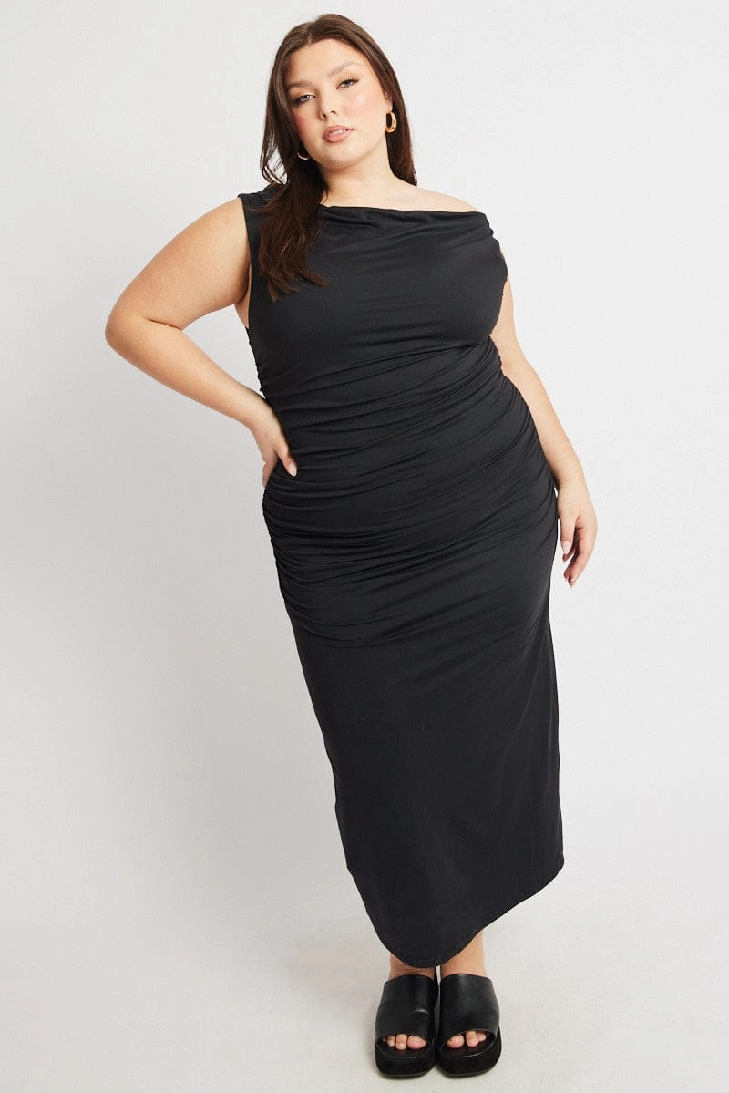 Curve Friendly Sophisticated Vibe Black Asymmetric Supersoft Bodycon Maxidress