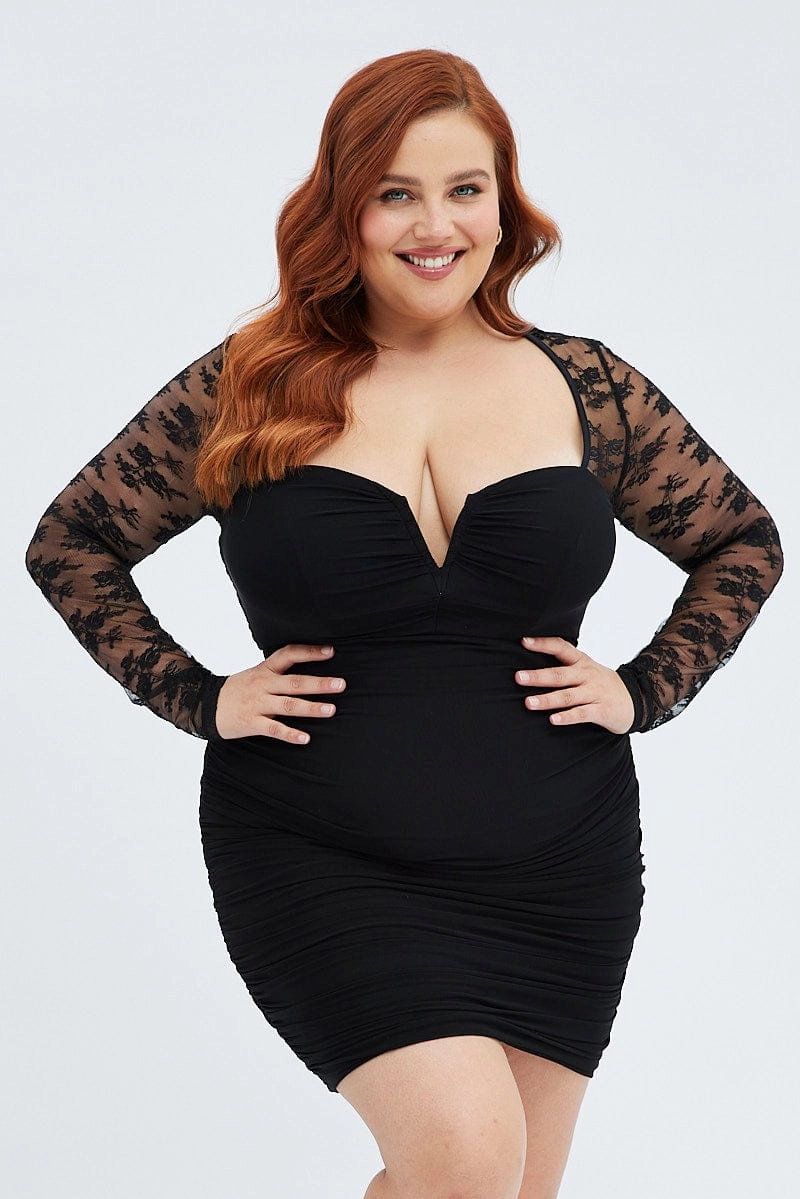 Airy Base Feminine Details Black Bodycon Dress Long Sleeve Lace Mesh