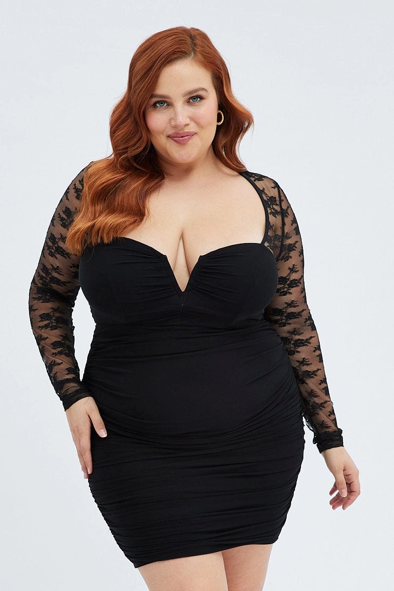 Black Bodycon Dress Long Sleeve Lace Mesh All-day style flattering appearance
