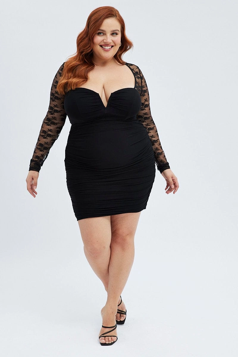 Black Bodycon Dress Long Sleeve Lace Mesh Nature Glow Natural Style