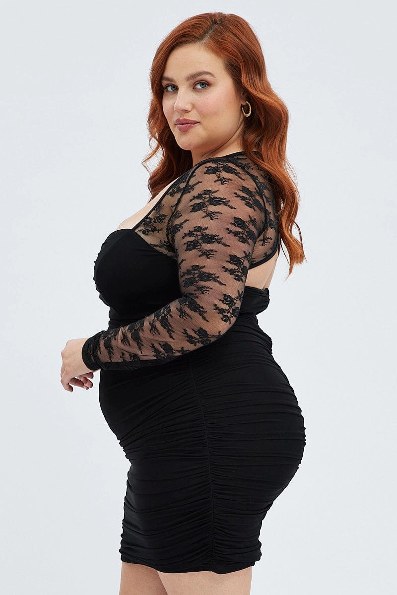 Sharp Fit Lounge Cut Black Bodycon Dress Long Sleeve Lace Mesh