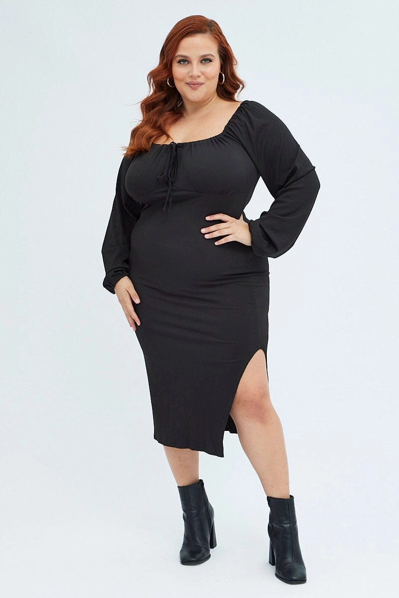 Black Bodycon Dress Rib Jersey Tie Midi Off Shoulder Drapey Fabric