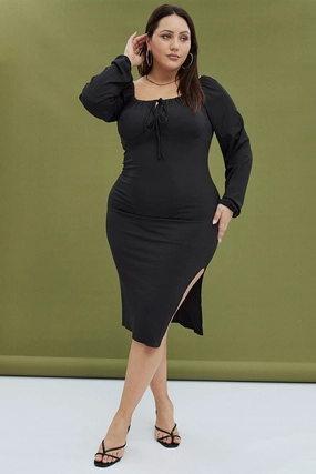 Black Bodycon Dress Rib Jersey Tie Midi Off Shoulder Curve Friendly Soft Layering