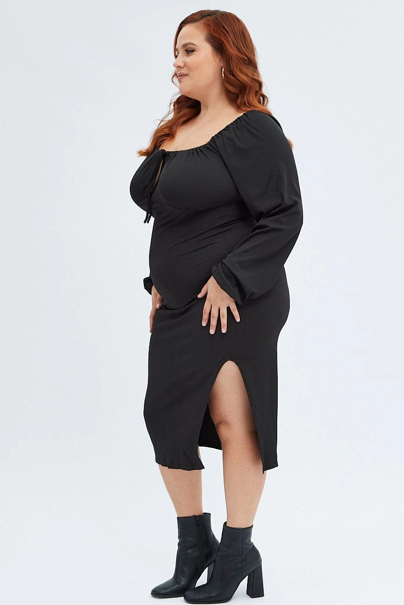 Black Bodycon Dress Rib Jersey Tie Midi Off Shoulder Dressy Glow