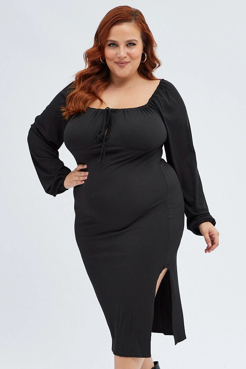 Body Ease Black Bodycon Dress Rib Jersey Tie Midi Off Shoulder