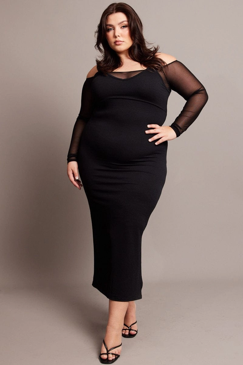 All-Day Wear Night Style Black Cold Shoulder Bodycon Maxidress With Mesh Sleeves