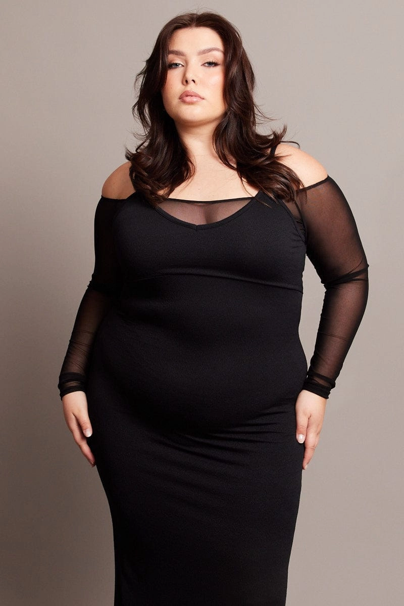 Black Cold Shoulder Bodycon Maxidress With Mesh Sleeves Youthful Look