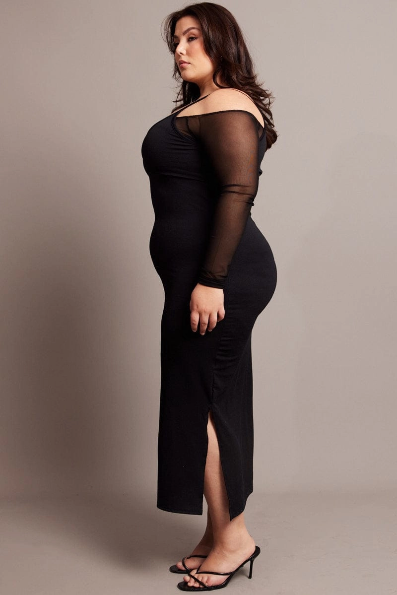 Black Cold Shoulder Bodycon Maxidress With Mesh Sleeves Practical-Style