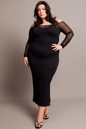 All-Day Wear Night Style Black Cold Shoulder Bodycon Maxidress With Mesh Sleeves