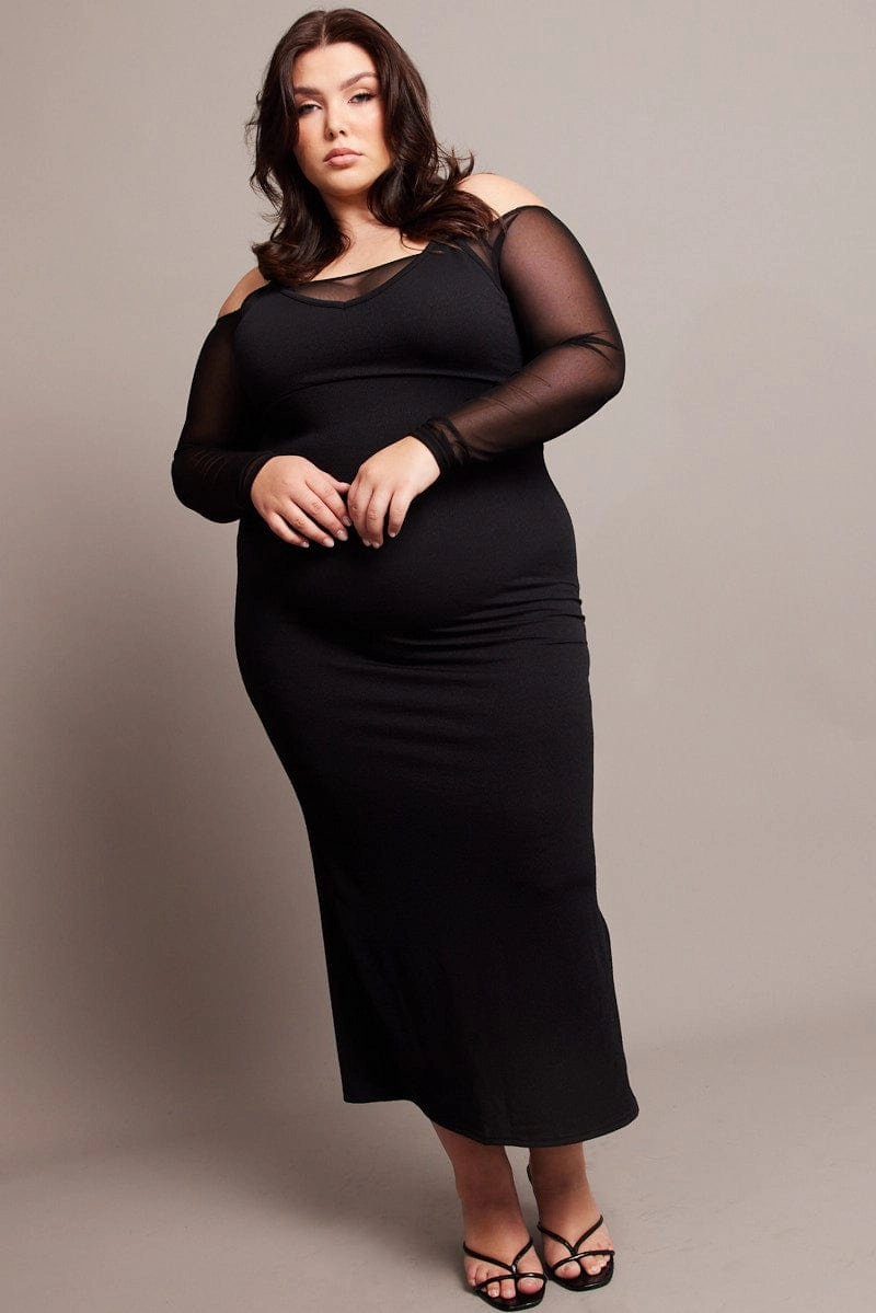 Effortless Piece Soft Outfit Black Cold Shoulder Bodycon Maxidress With Mesh Sleeves