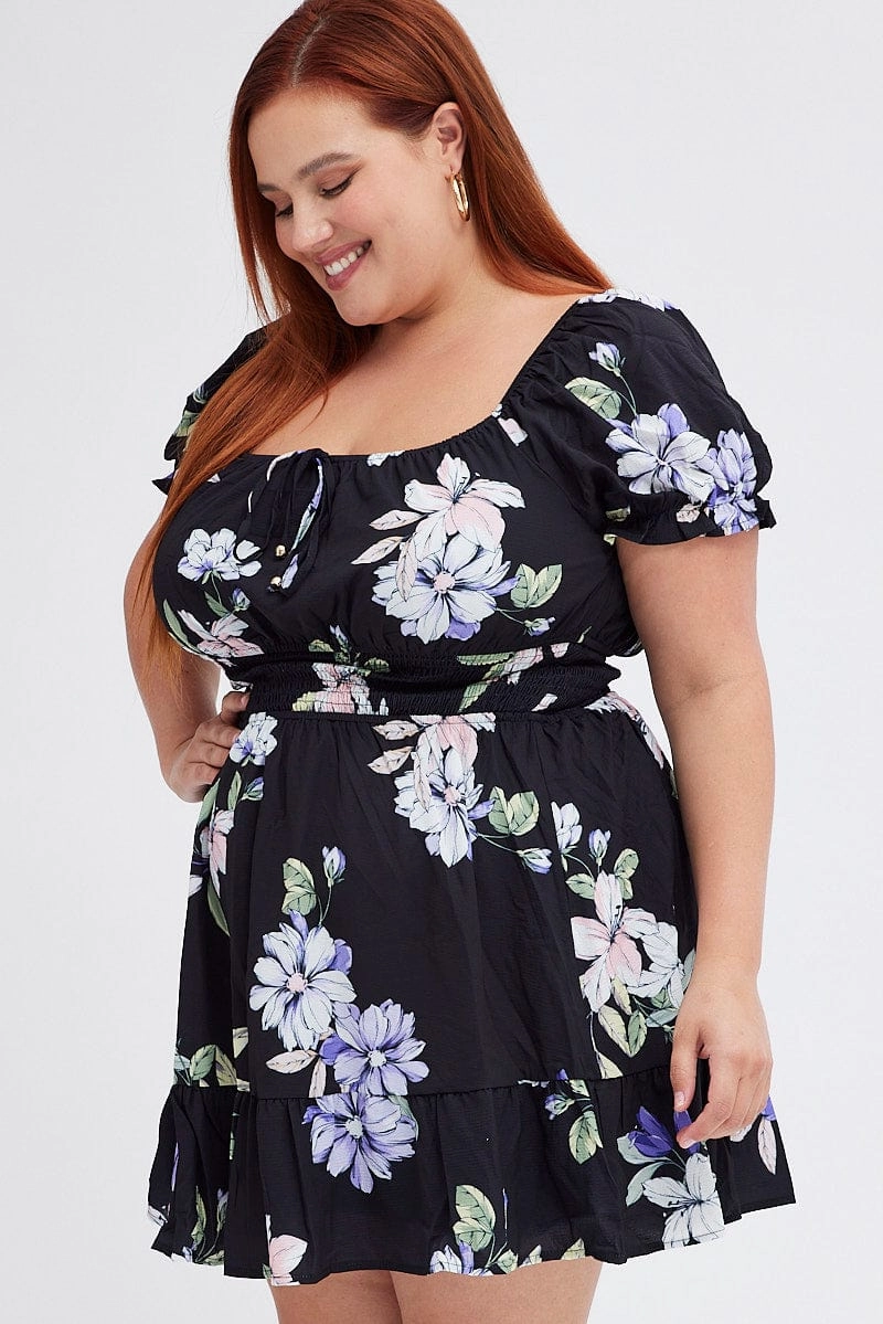 Black Floral Fit And Flare Dress Short Sleeve Gathered Bust Sculpted Fit