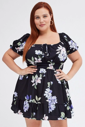 Figure-Skimming Black Floral Fit And Flare Dress Short Sleeve Gathered Bust