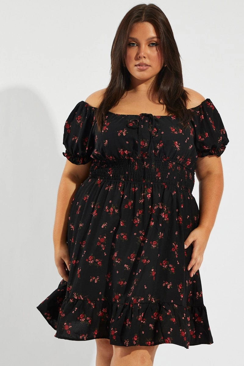 Black Floral Fit And Flare Dress Short Sleeve Ruched Bust Easy Lovely