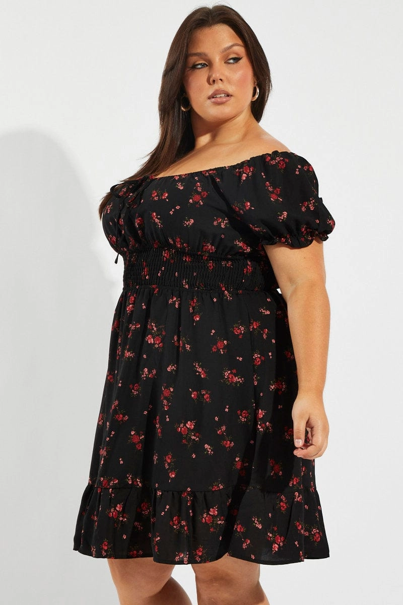 Vibrant Waist Black Floral Fit And Flare Dress Short Sleeve Ruched Bust