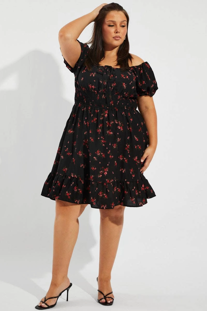 Comfortable casual dress City Rhythm Black Floral Fit And Flare Dress Short Sleeve Ruched Bust