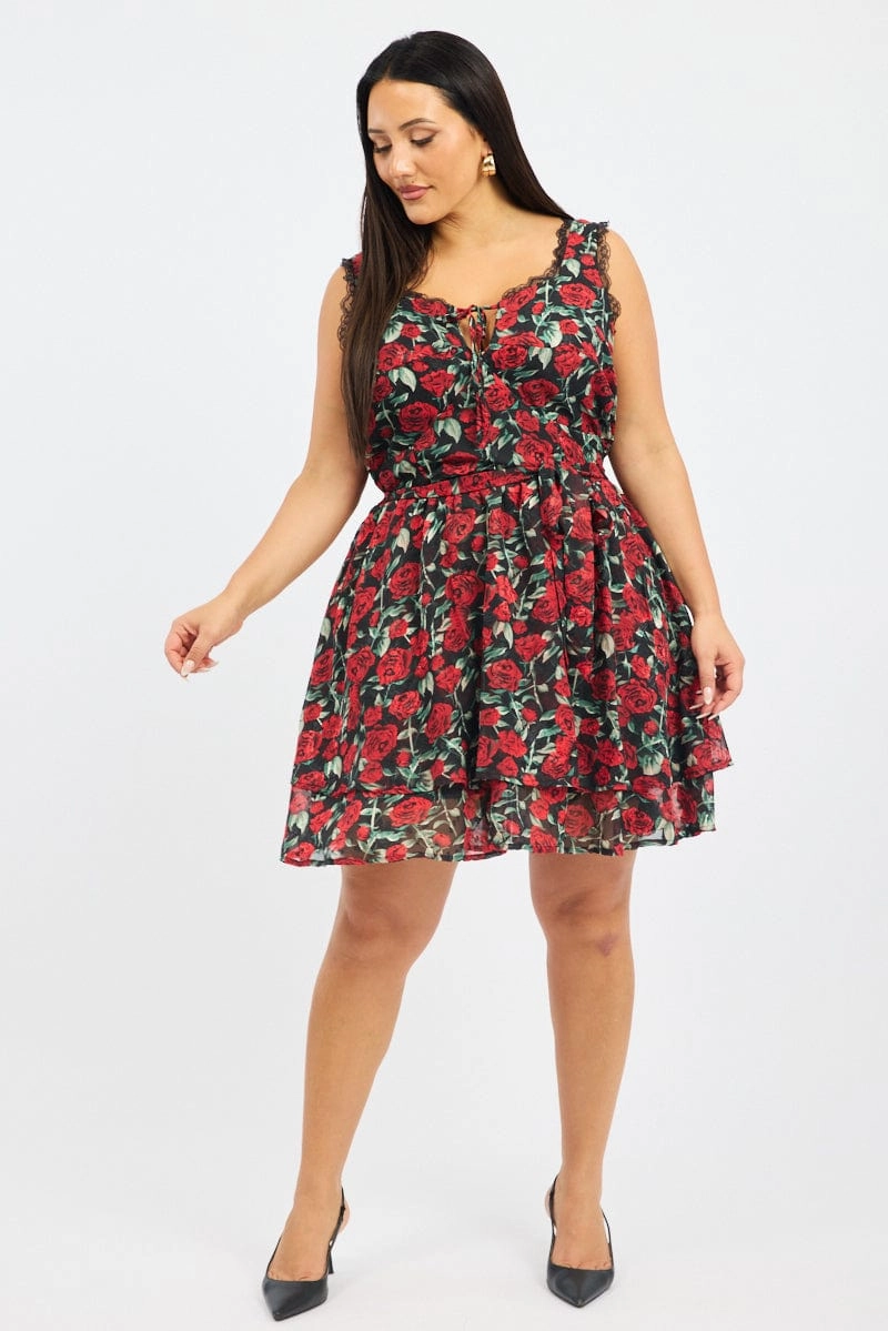 Black Floral Rose Print Lace Trim Minidress Contemporary Wear