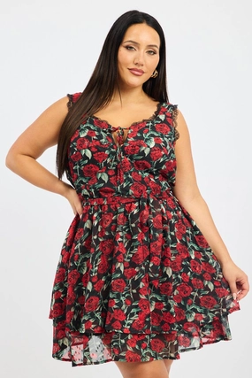 Black Floral Rose Print Lace Trim Minidress Luxe style