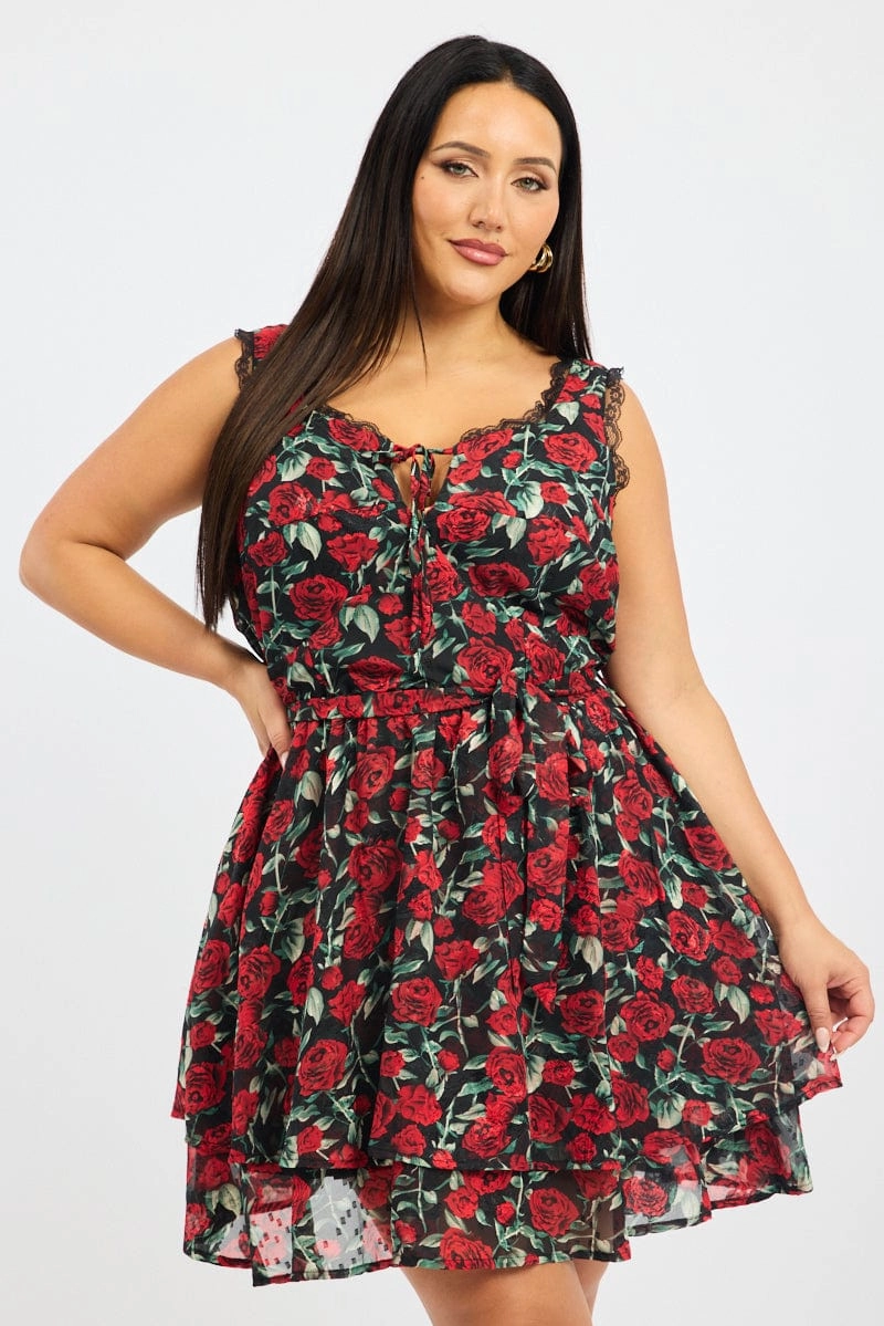 Black Floral Rose Print Lace Trim Minidress Luxe style