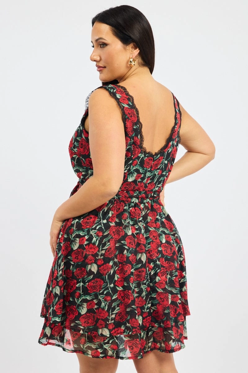 Black Floral Rose Print Lace Trim Minidress Refined Vibe