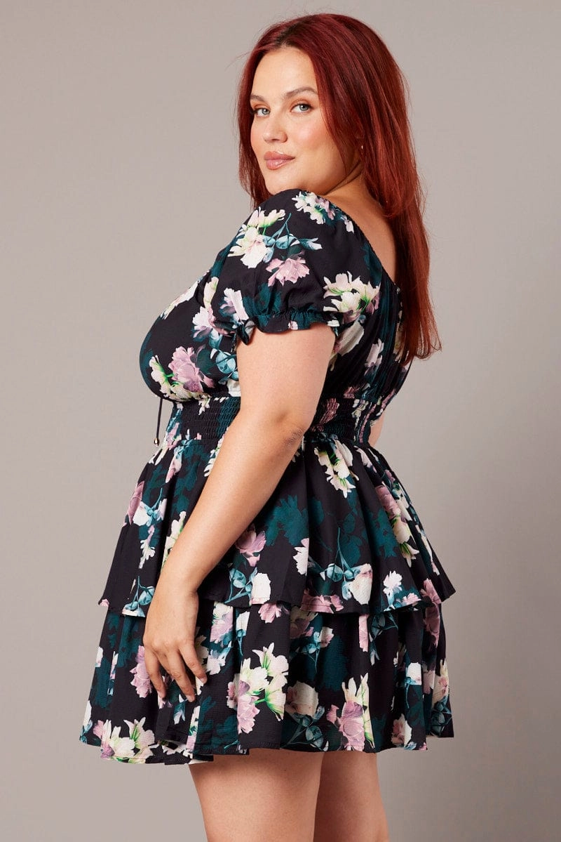 Body Confidence Black Floral Shirred Waist Detail Layer Minidress
