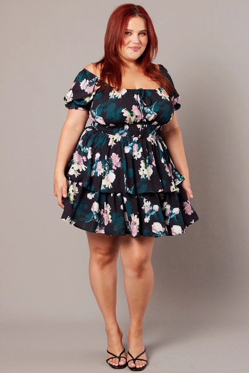 Timeless Wear Black Floral Shirred Waist Detail Layer Minidress