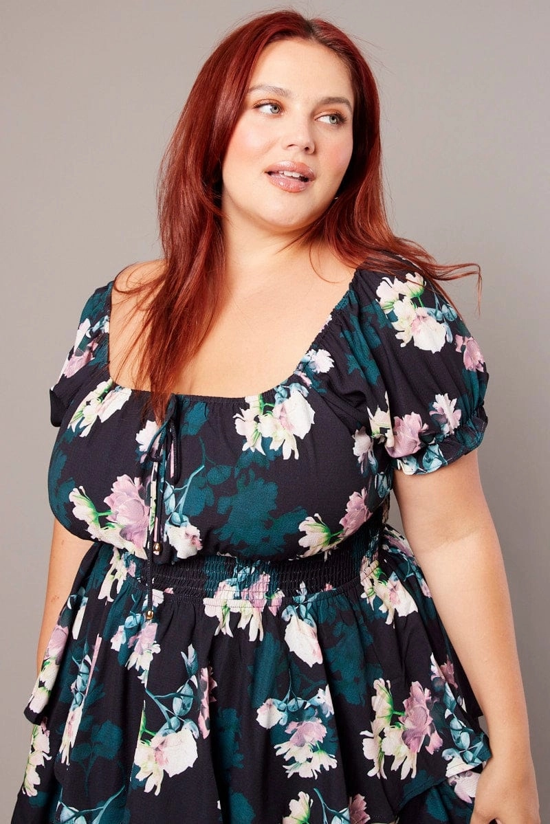 Black Floral Shirred Waist Detail Layer Minidress Linen Soft